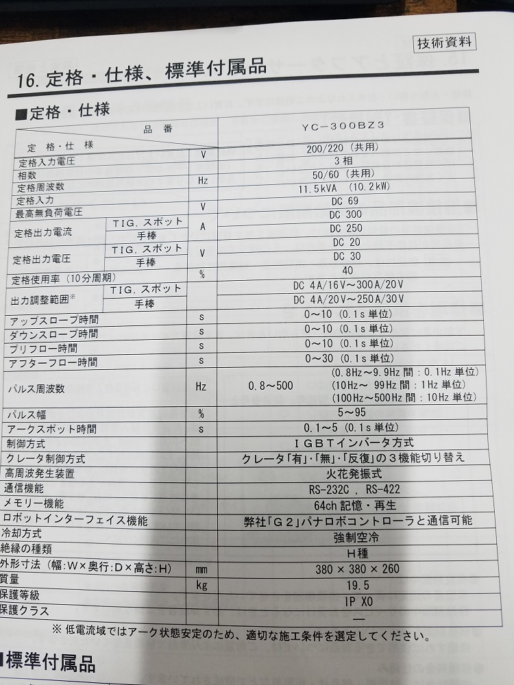 TIG溶接機(直流）　パナソニック　YC-300BZ3　2006年　中古機